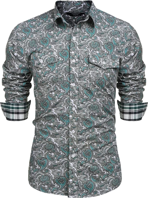 Coofandy Men's Floral Dress Shirt Slim Fit Casual Paisley Printed Shirt Long Sle