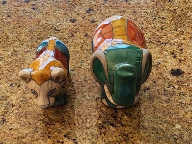 Raku Pottery Elephant and Lion Hand Painted Figurines