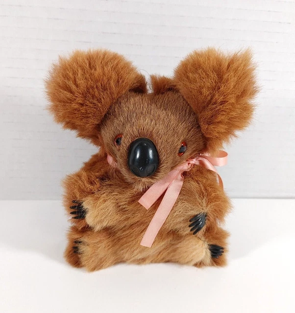 Vintage Koala Bear Real Fur Hard Body Glass Eyes Pink Bow Collectible