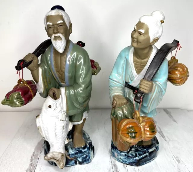 Pair of Large Chinese Mudman Glazed Ceramic Figurines Fisherman & Farmer