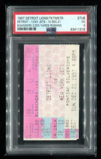 Barry Sanders HOF 2053YDS - PSA Ticket Football 1997 Detroit Lions Jets 12/21