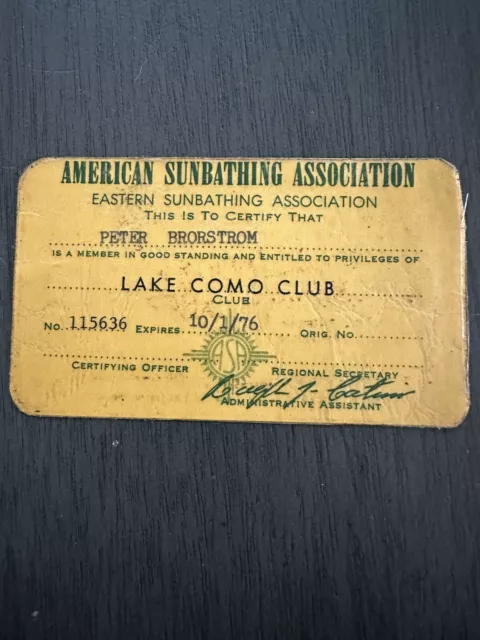 RARE American Sunbathing Association Member Card Lake Como   Nude  Club  1976