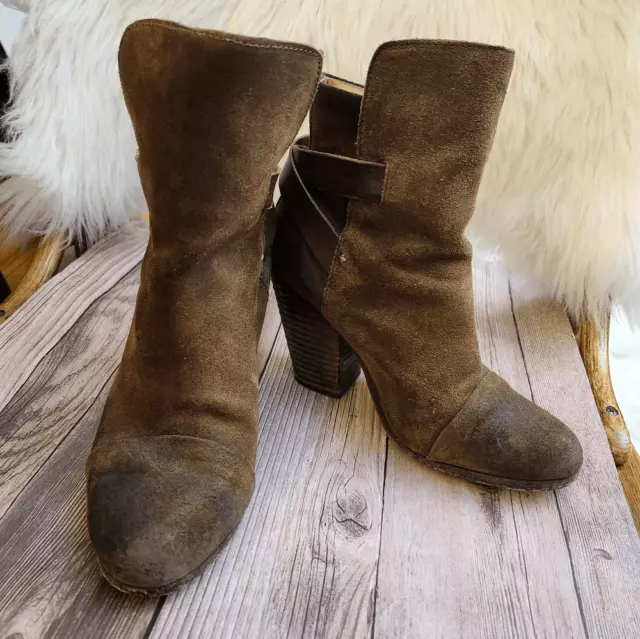 Rag & Bone Kinsey brown waxed suede Stacked heel ankle boots 37/7