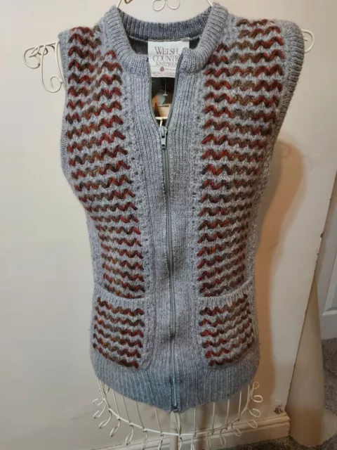 Welsh Country Knitwear Pure Wool Knitted Grey Gilet Size 36 Or 8 Uk