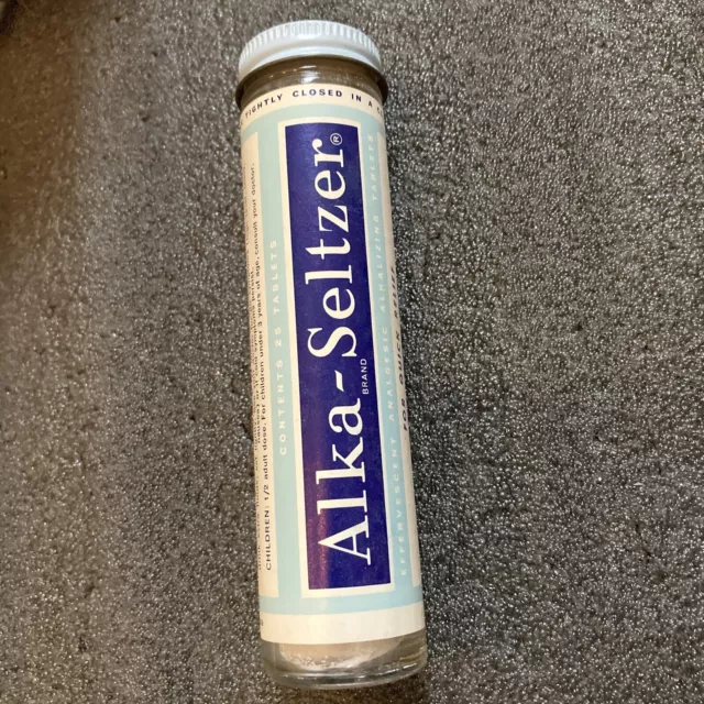 VINTAGE ALKA-SELTZER GLASS Medicine Bottle w/ Metal Screw On Lid LABEL ...