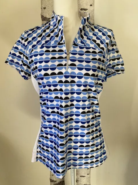 Tail White Label Golf Top Womens M White Blue Dots Short Sleeve 1/4 Zip Stretch