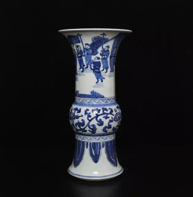 38CM Kangxi Signed Chinese Blue & White Porcelain Gu Vase w/figure
