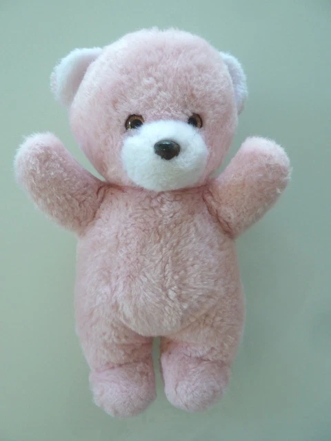 066. DOUDOU PELUCHE NOUNOURS OURS  VINTAGE  ROSE BLANC 26cms GRELOT EXC. ETAT