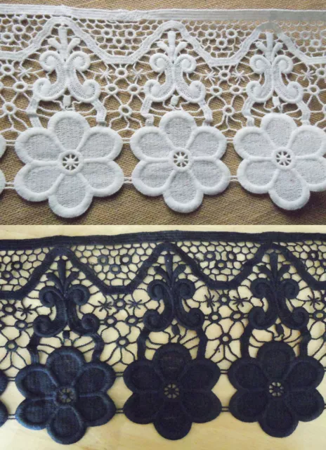0.5 Yards 9" Wide Rayon Venise Vintage Floral Lace Trim Black, White zhs26