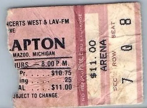 Vtg Eric Clapton Concierto Ticket Stub Kalamazoo Michigan Julio 14