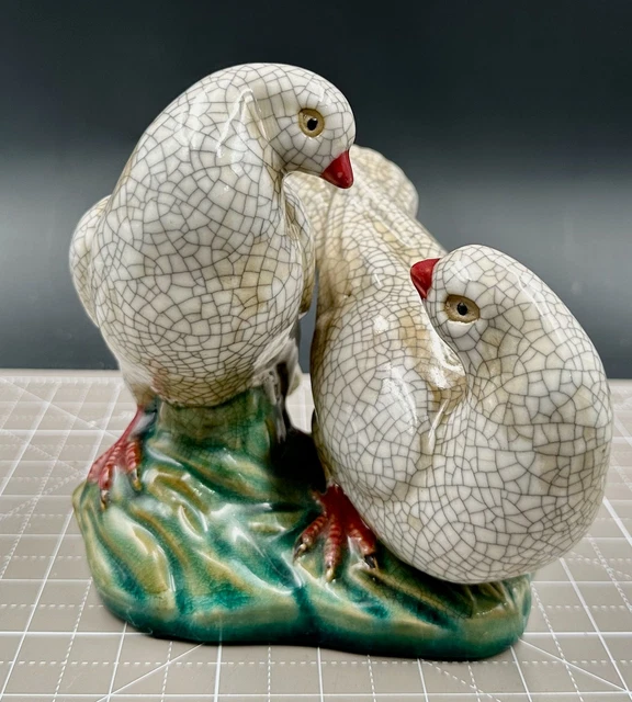 Mid Century Modern Chinese Crackle  Porcelain Doves Figure on Green Ground Base