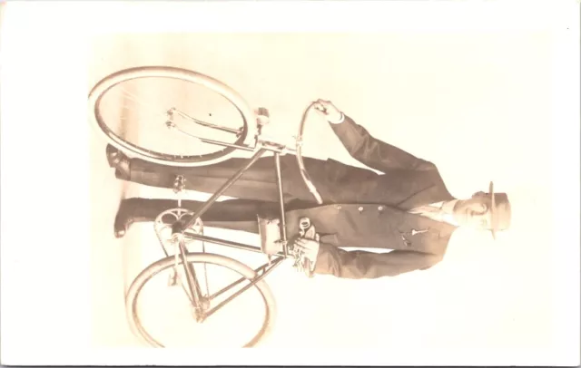 Portrait of MAN Posing with His BICYCLE Early Real Photo Postcard