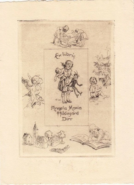 Bookplate Radierung Eduard Winkler 1884-1978 Devil Doll Cradle Church Bookplate Bookshelf