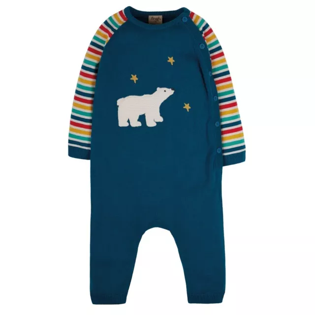 Frugi Cosy Knitted Romper Suit Loch Blue 3-6 Months Polar Bear Star Rainbow