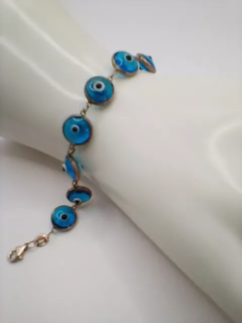 Vintage Sterling Silver Blue Glass Evil Eye Bracelet