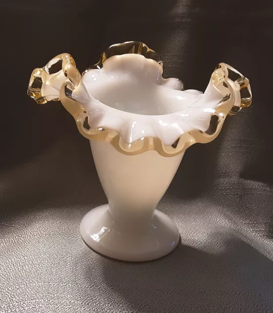 Vintage Fenton Gold (Yellow) Crest Double Crimped Milk Glass Vase