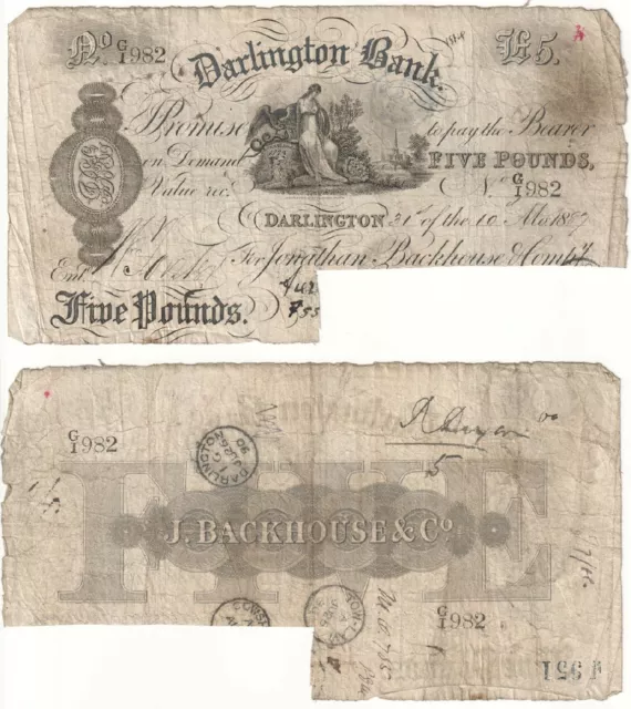 Darlington Bank £5 Banknote (1887) Outing ref: 629 - VG/F