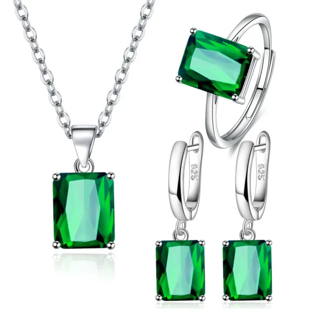 Women 925 sterling Silver earrings necklace ring green square zircon jewelry set