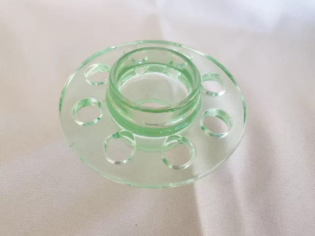 VINTAGE GREEN DEPRESSION URANIUM GLASS FLOWER FROG 8 HOLE - 11cm Wide