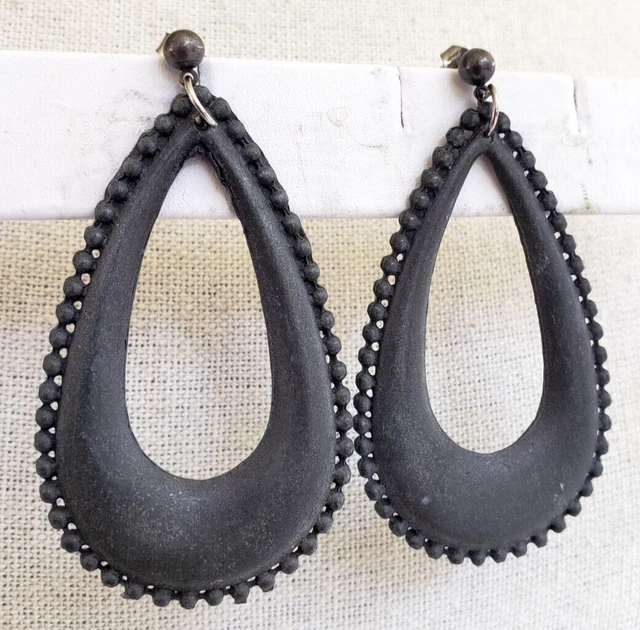 VINTAGE BOHO CHARCOAL Gray Teardrop Dangle Pierced Earrings 2-5/8