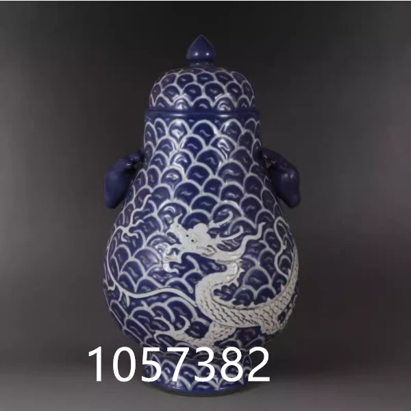 14.3"Old Antique Porcelain Yuan Dynasty Blue Glazed Dragon Pattern Deer Head Jar