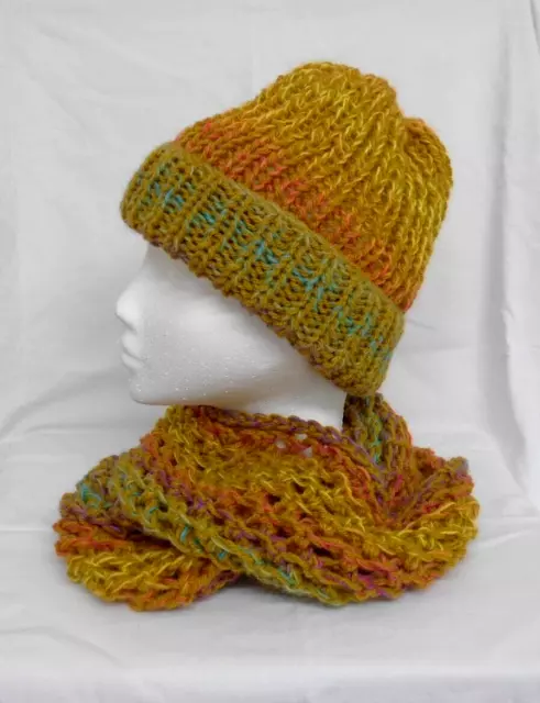 Hand knitted infinity scarf + Hat set, Mustard, chunky yarn, double wrap.  276