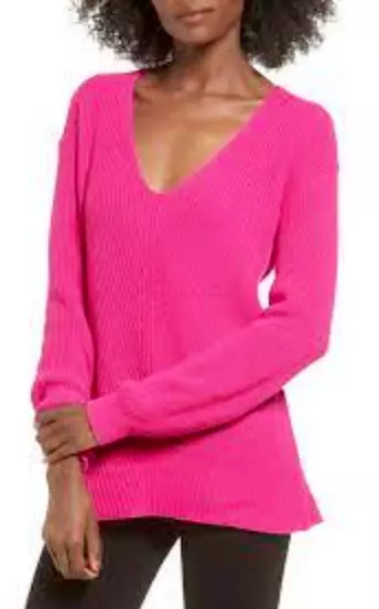 BP Womens Size XS Pink Plunging V-Neck Knit Long Sleeve Pullover Sweater