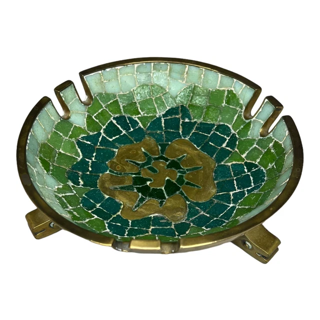 VTG Salvador Teran Mexican Brass Mosaic Glass Pottery Tile Inlay Bowl MCM 7”