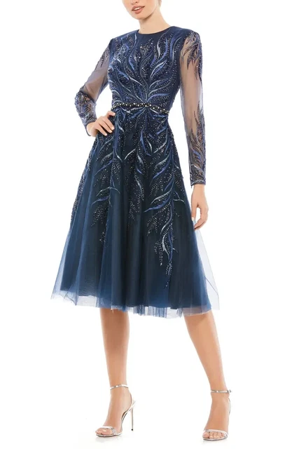 Mac Duggal Twilight Blue Embellished Long Sleeve Fit & Flare Midi Dress 16 $538