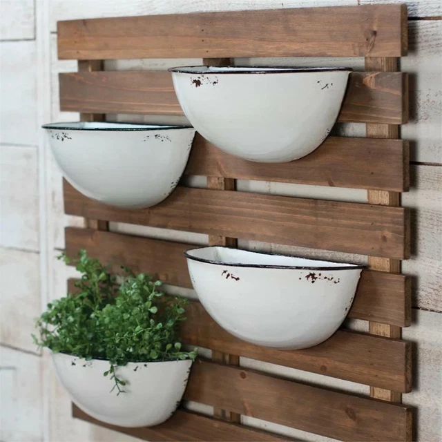 Rustic Slatted Wood Hanging Wall Planter Shelf w/4 Distressed White Enamel Pots