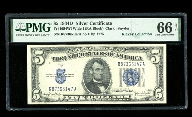 DBR 1934-D $5 Silver Gem Fr. 1654Wi Wide I RA Block PMG 66 EPQ Serial R87365147A