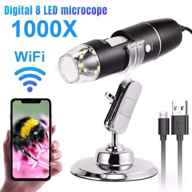 WiFi USB Digital Microscope HD 0-1000x Wireless 8 LED Endoscope Camera w/Stand