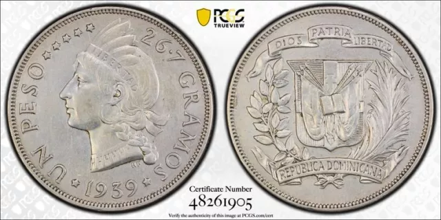 1939 PCGS AU Detail - DOMINICAN REPUBLIC - Silver Peso Coin #47203A
