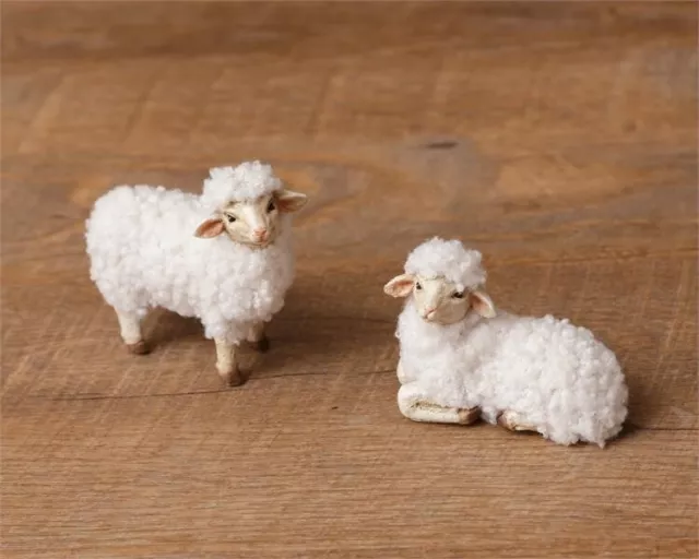 Wooly Easter White Sheep Lamb Laying Standing Figures Set of 2 Putz