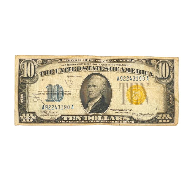 1934 A $10 Silver Certificate Ten Dollar US Note Yellow Seal - Ungraded