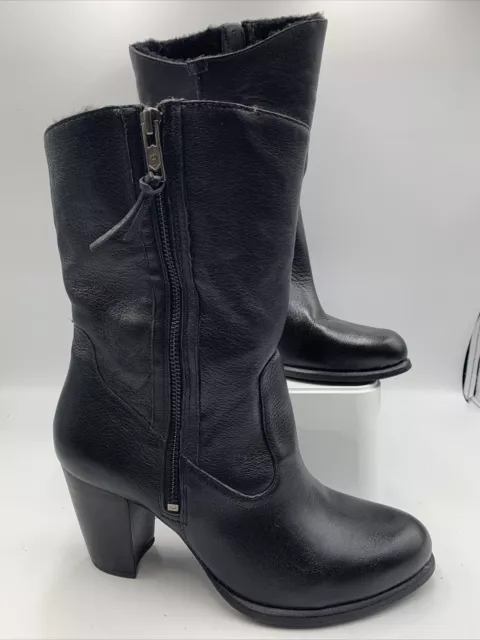 Ugg Black Leather Fleece Lining. Mid Calf Boots. Block Heel. Exc Cond! Uk7 Zip.