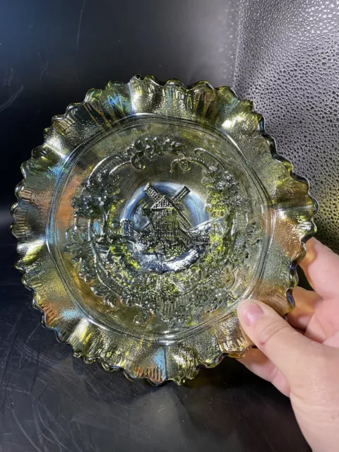 Imperial Carnival Glass Dutch Green Footed Bowl Twin Windmills Scalloped