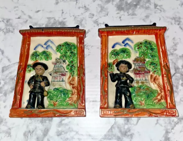 Vintage Ceramic Japanese Hanging Wall Plaques Male & Female Set Of 2 Dragons