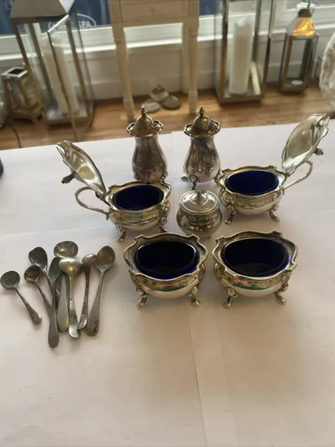 Mappin & Webb - Silver Plate Salts Cruet Set Cobalt Blue Glass Salt Pepper