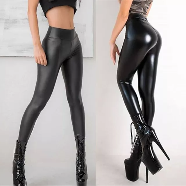 Women Wet Look PU Leather Skinny Leggings High Waisted Stretch