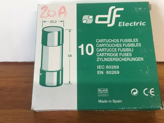 Lot de 10 - Fusible Cartouche 20A 22x58  réf. 422020 - DF ELECTRIC