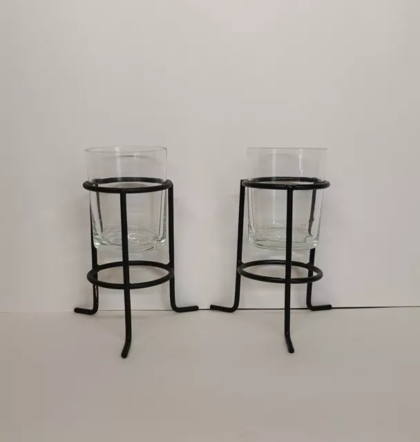 Set of Simple Black Tripod Candle Holders Metal Coated + 2 Glass Holders