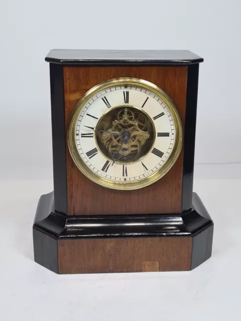 Brevete French Walnut And Ebony Case Mantel Clock Working Order Skeleton Dial