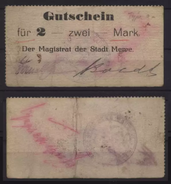 [17243] - NOTGELD MEWE (heute: Gniew), Stadt, 2 Mark, o. D. (1914). Dießner 233.