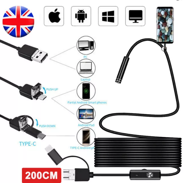 2M 6LED WiFi Borescope Endoscope Snake Inspection Camera for Android Type C USB