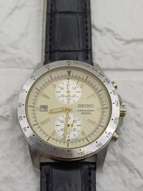 Montre Seiko Quartz Chronographe 7T94 - Boîtier 43mm Acier - 100m étanche - Occasion Bon état