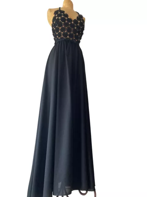 Vintage LILLI DIAMOND BLACK FLORAL HALTER TOP LONG GOWN DRESS LOW BACK