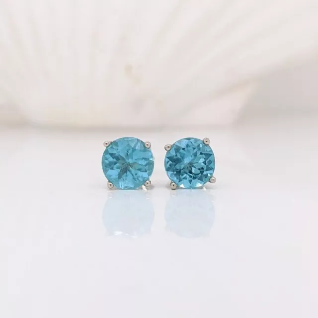 18k Solid White Gold Natural Apatite Solitaire Studs Earrings Wedding Gift