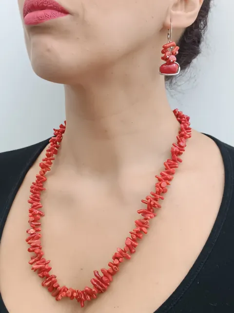 Collar Pendientes Mujer Conjunto Natural Coral Cerdeña Rojo Natural Plata