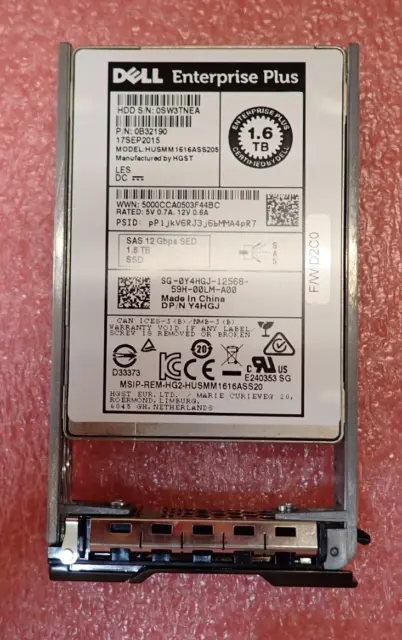 Dell Compellent 1.6TB 2.5" SAS 12G WI eMLC SED SSD HUSMM1616ASS205 + Caddy Y4HGJ